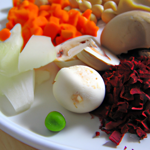 A plate of colorful, intermingled food ingredients.