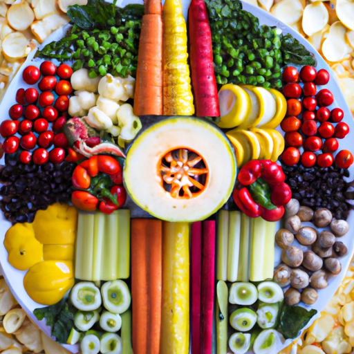 A plate of colorful vegetables and fruits arranged in an organized pattern.