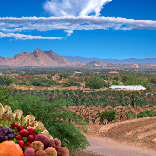 A colorful desert landscape with a variety of fruits and vegetables growing in the foreground.