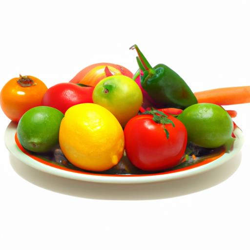 A plate of fresh, colorful fruits and vegetables on a white background.