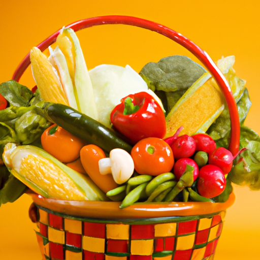 A basket of fresh vegetables overflowing with colorful produce, with a bright yellow background.