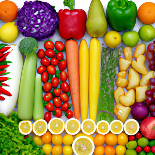 Brightly-colored fruits and vegetables arranged in a rainbow pattern.