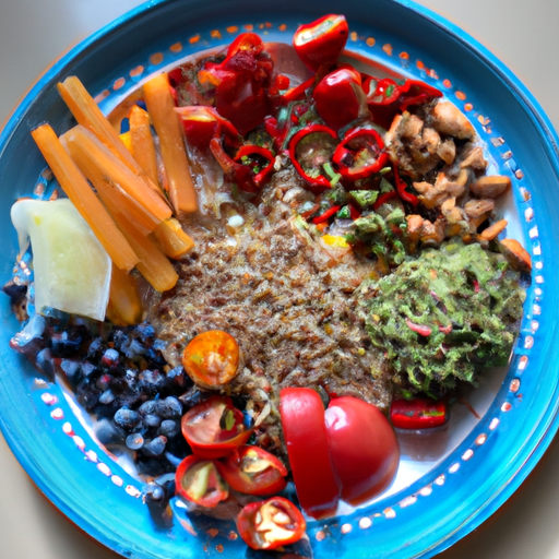 A brightly-colored plate of healthy vegetables, fruits, and grains.