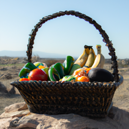 A basket of fresh fruits and vegetables in an arid landscape.