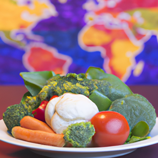 A plate of vegetables with a globe in the background.