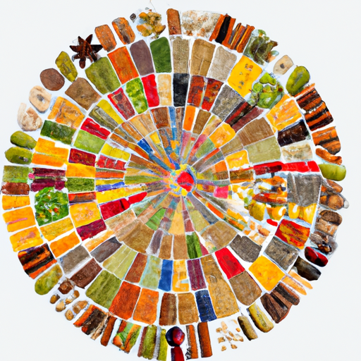 A colorful array of spices and ingredients from around the world arranged in a circular pattern.