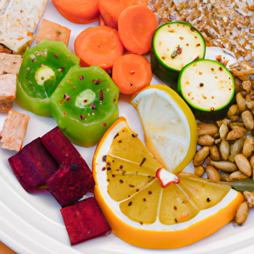 A close-up of a colorful array of healthy food items such as fruits, vegetables, and whole grains arranged on a plate.