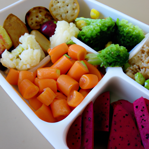 Suggested Prompt: A colorful plate of fresh vegetables, fruits, and grains arranged in a fast food container.