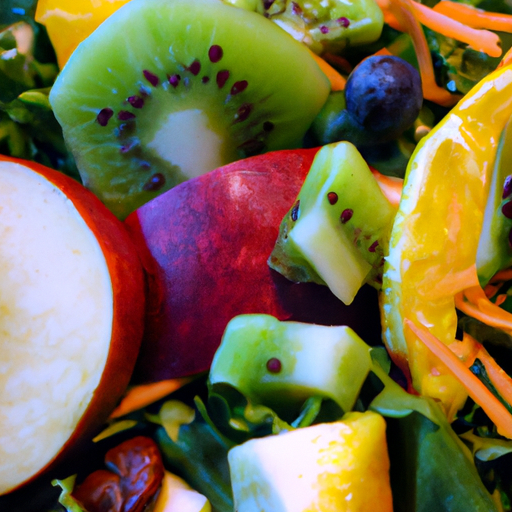 A close up image of a colorful salad with various vegetables and fruits.