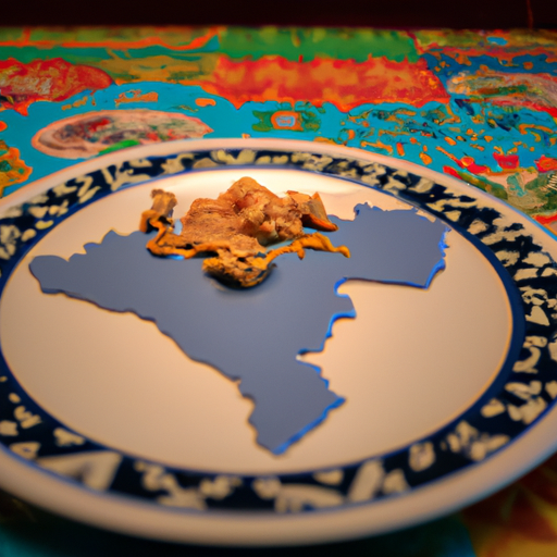 A plate of food with an intricate political map in the background.