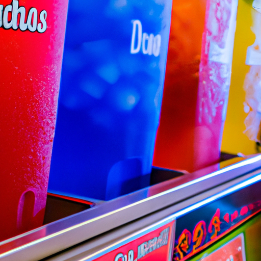A close-up of a colorful assortment of drink options in a fast food restaurant.