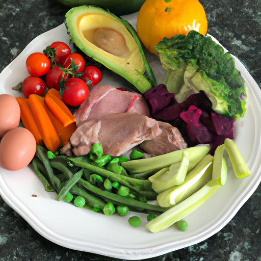 A plate of fresh vegetables, fruits and lean proteins.