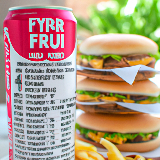 A stack of burgers, fries, and soda with nutrition facts on the side.
