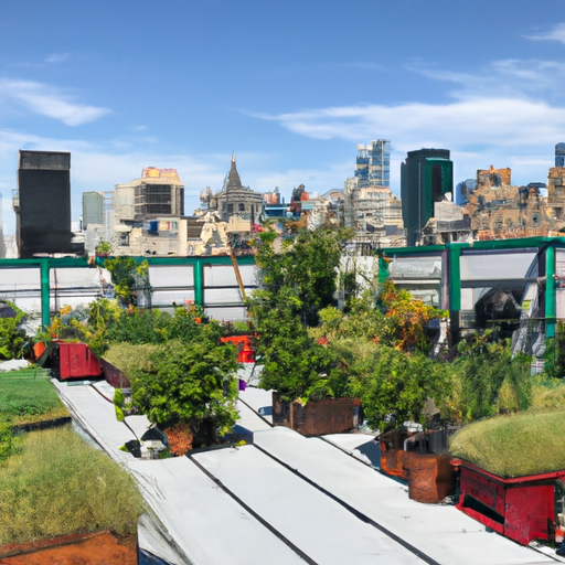 A green rooftop with potted plants and vegetables in an urban cityscape.