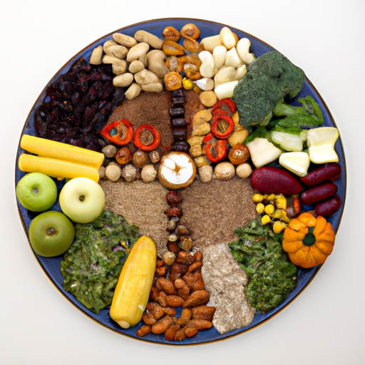 A plate of colorful vegetables, fruits, and grains arranged in a circular pattern.