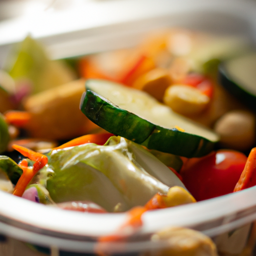 A close-up of a salad and vegetables in a take-out container.