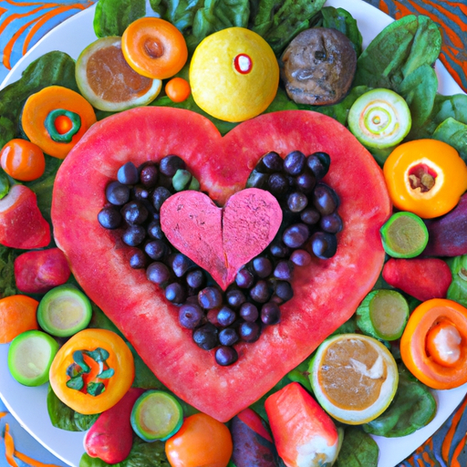A colorful plate of fresh fruits and vegetables arranged in a heart shape.