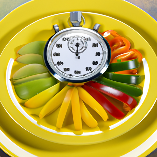 A bright yellow stopwatch in the center of a plate of freshly cut fruits and vegetables.