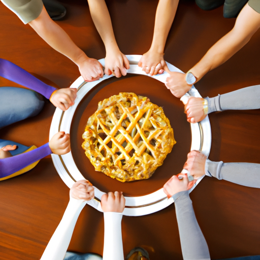A group of hands connected in a circle around a plate of food.