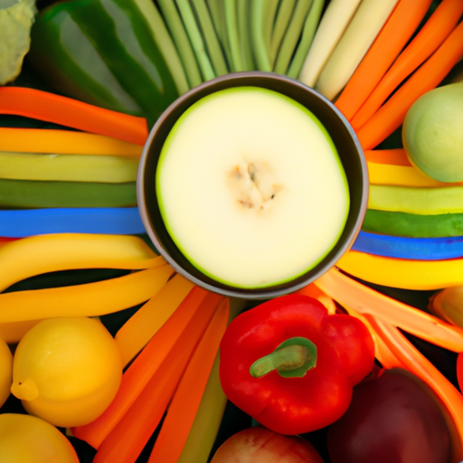 A bowl of fresh fruits and vegetables arranged in a rainbow pattern.