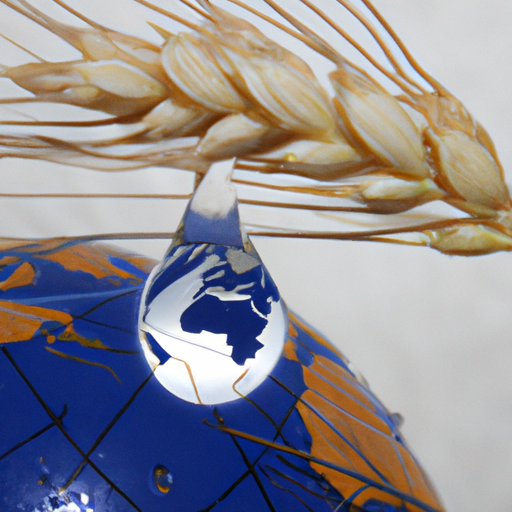 A globe surrounded by a water droplet and a wheat stalk.
