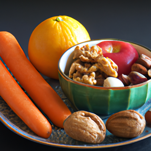 A bowl of fresh fruits and vegetables with a small plate of nuts nearby.