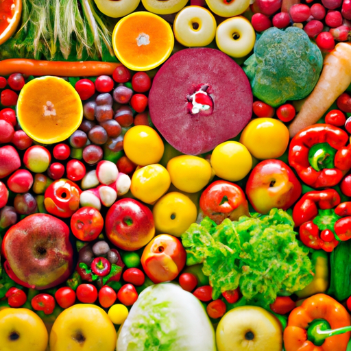 A close-up of a variety of fruits and vegetables arranged in a rainbow pattern.
