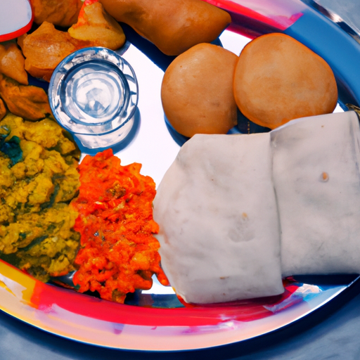 A plate of traditional food items in an array of vibrant colors.