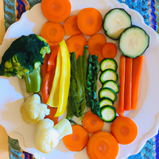 A colorful plate of fresh vegetables and fruits arranged in a balanced diet.