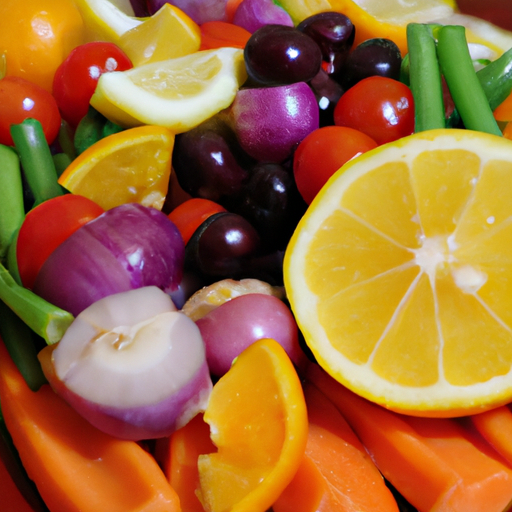 Suggestion: A close-up of a colorful plate of assorted fruits and vegetables.