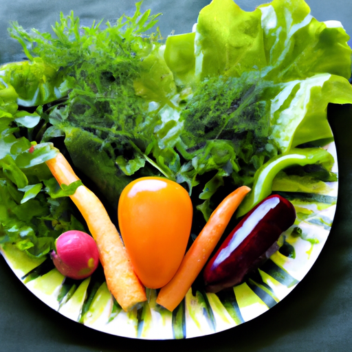 A plate of colorful, fresh vegetables surrounded by a variety of leafy greens.