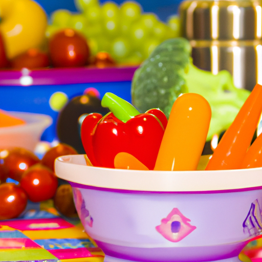 A bowl of fresh fruits and vegetables with different colored containers in the background.