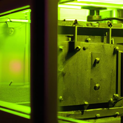 A close-up of a metal machine with a green light glowing from within.