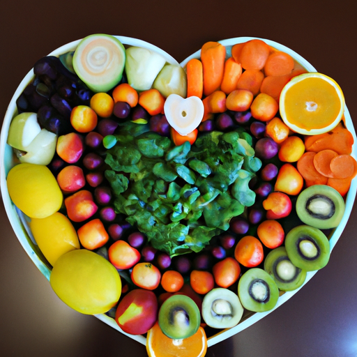 A colorful bowl of fresh fruits and vegetables arranged in the shape of a heart.