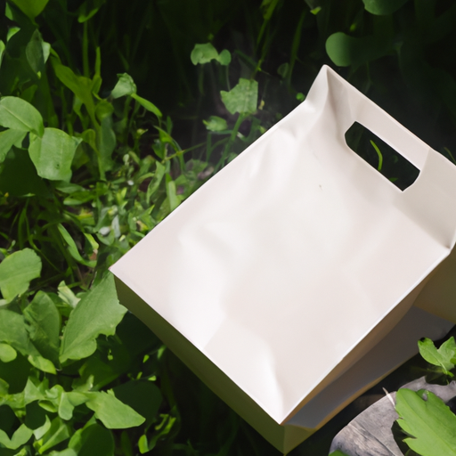 Green eco-friendly packaging surrounded by plants and nature.