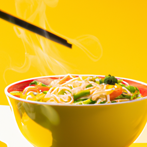 A bowl of steaming vegetables and noodles, with a spoon, against a bright yellow background.