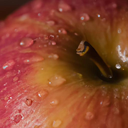 A close-up of a ripe, organic apple with a drop of water on its skin.
