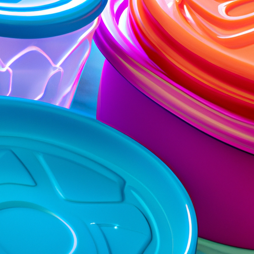 A close-up of an array of colorful, reusable packaging containers.