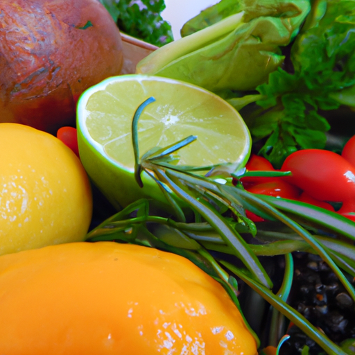 A close-up of a selection of vegetables, herbs, and fruits with a light background.