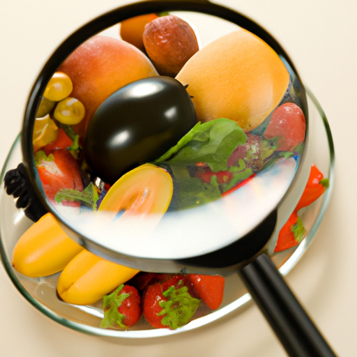 A close-up of a bowl of fruits and vegetables with a magnifying glass hovering over it.