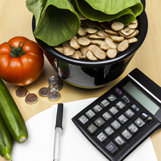 A bowl of fresh produce with a calculator and coins.