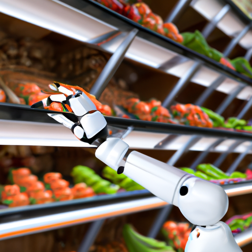 A futuristic robotic arm reaching out towards a shelf full of produce.