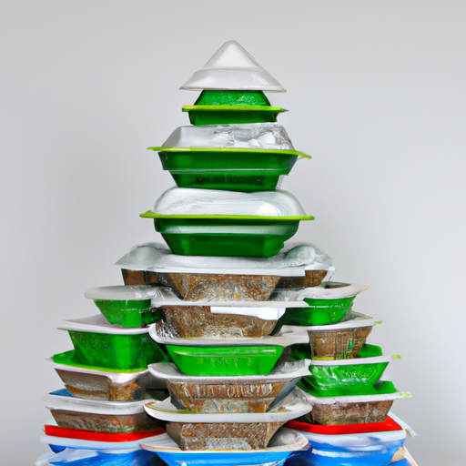 A pile of various food packaging containers in the shape of a pyramid.
