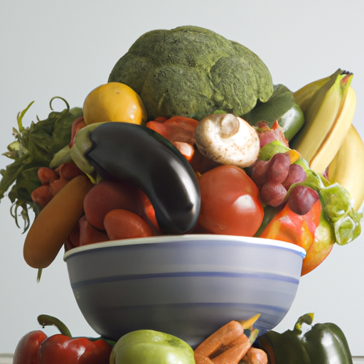 A pile of fruits and vegetables overflowing from a bowl.