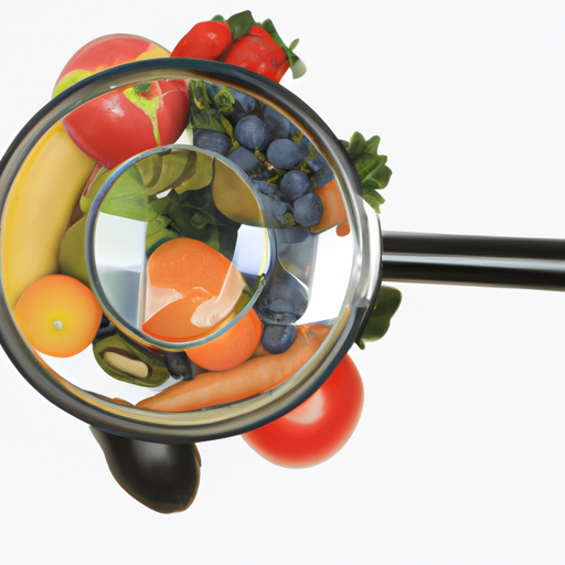 A bowl of assorted fruits and vegetables with a magnifying glass hovering above it.