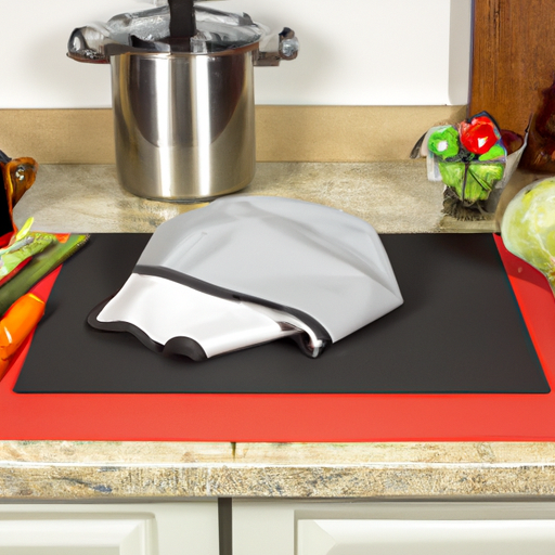 A kitchen with a chef's hat, apron and oven mitts, a cutting board, and a plate of freshly chopped vegetables.