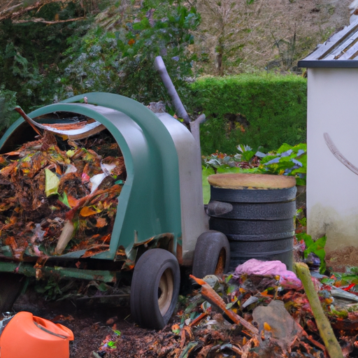 A compost machine in a garden with a pile of kitchen waste in the foreground.