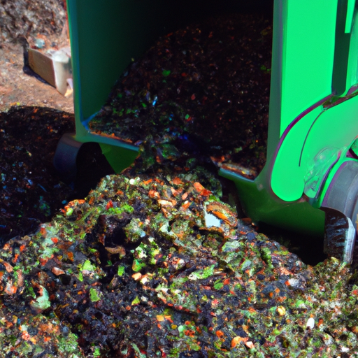 A green-and-brown churning machine with a pile of compost underneath it.