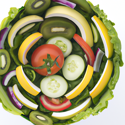 A bowl of fresh fruit and vegetables arranged in a spiral pattern.