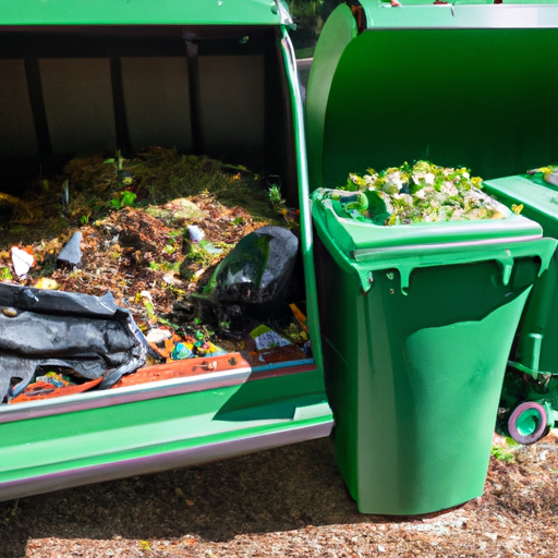 A large green compost bin with piles of organic waste next to a compost machine.